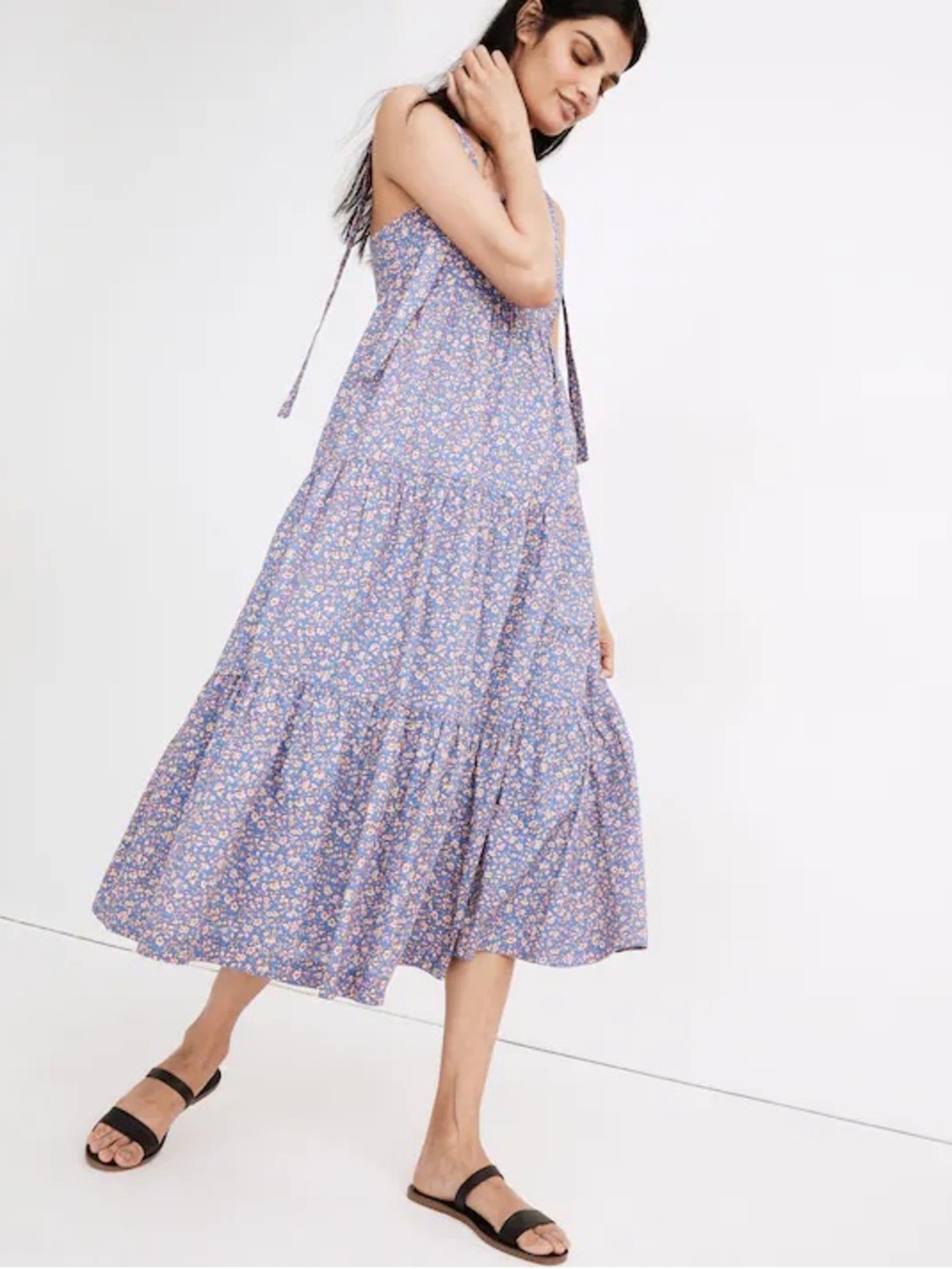 Madewell Tie-Strap Tiered Midi Dress in Summer Vines Hermitage Blue Size M EUC